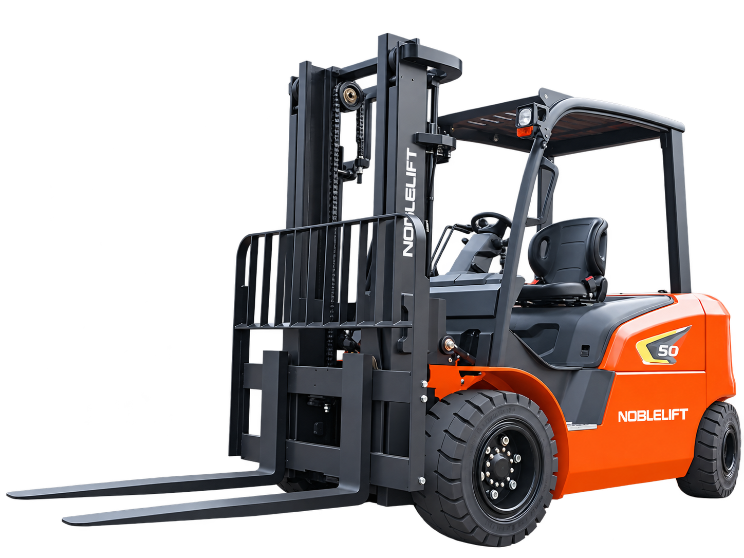 Carrello elevatore elettrico Noblelift, vista frontale a tre quarti