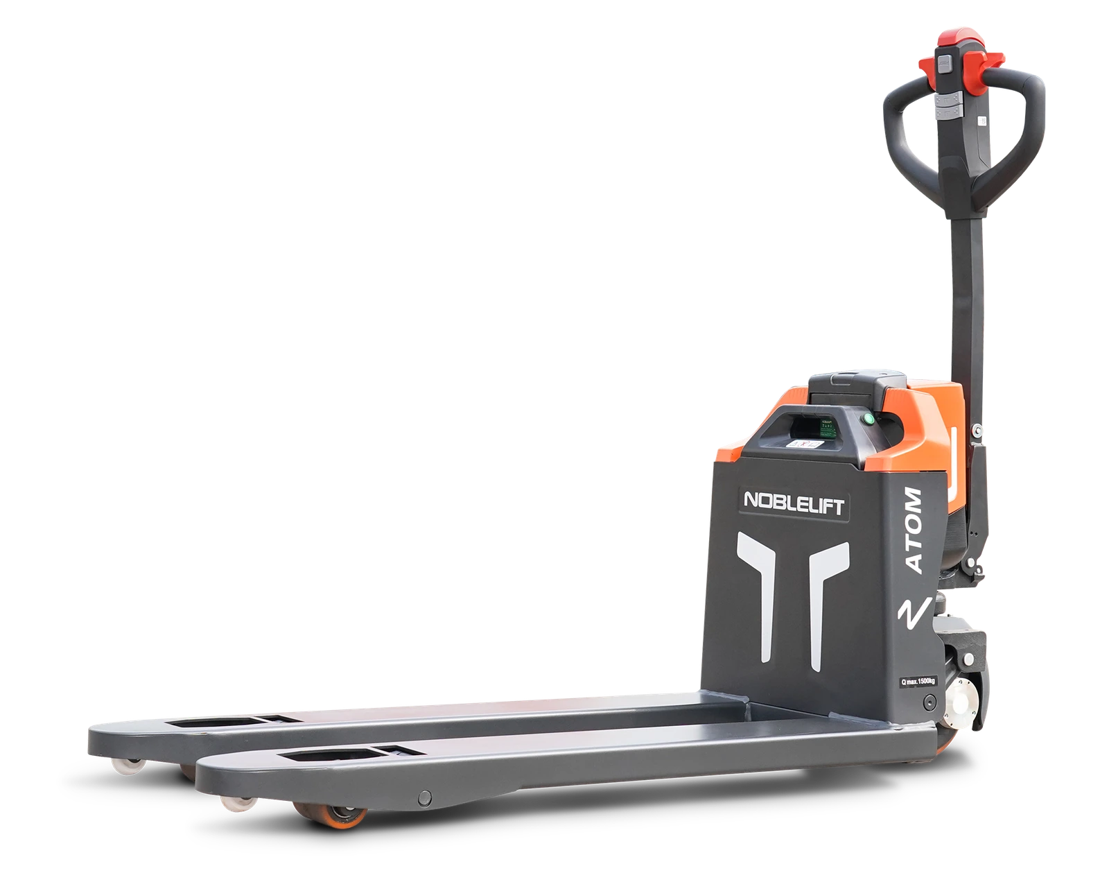 Transpallet elettrico Noblelift con timone e forche in vista